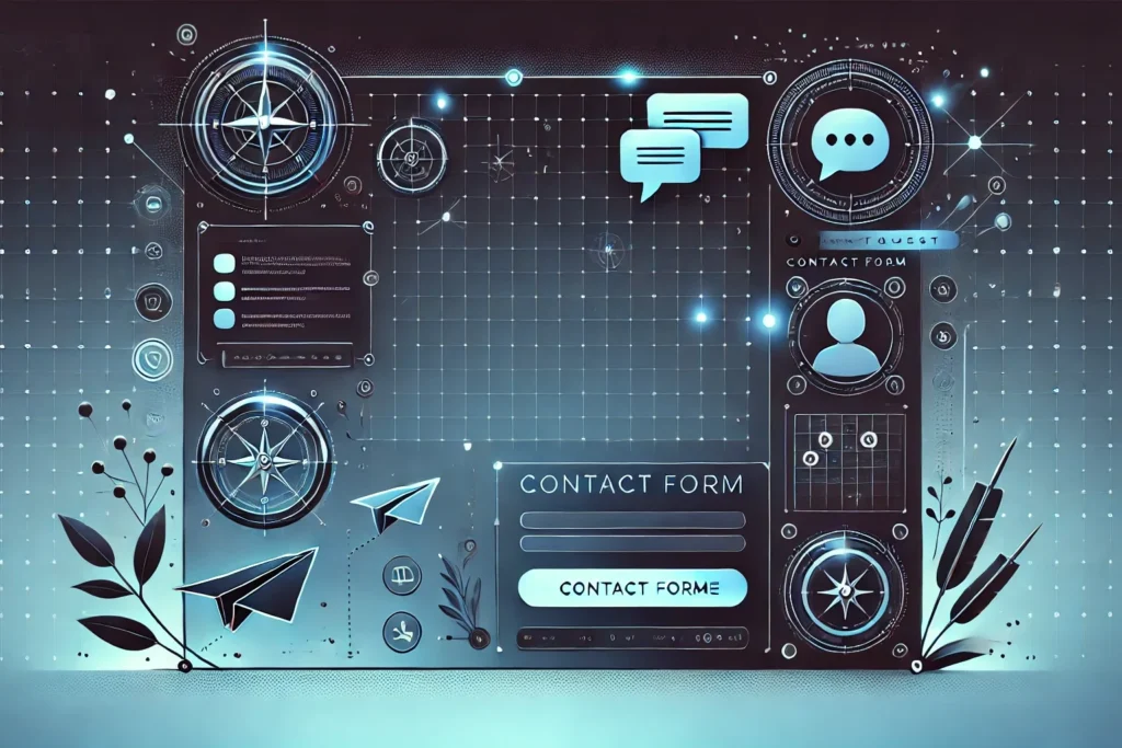 Futuristic illustration with communication icons and gradient background – contact section visual for NxtQuest Studios.