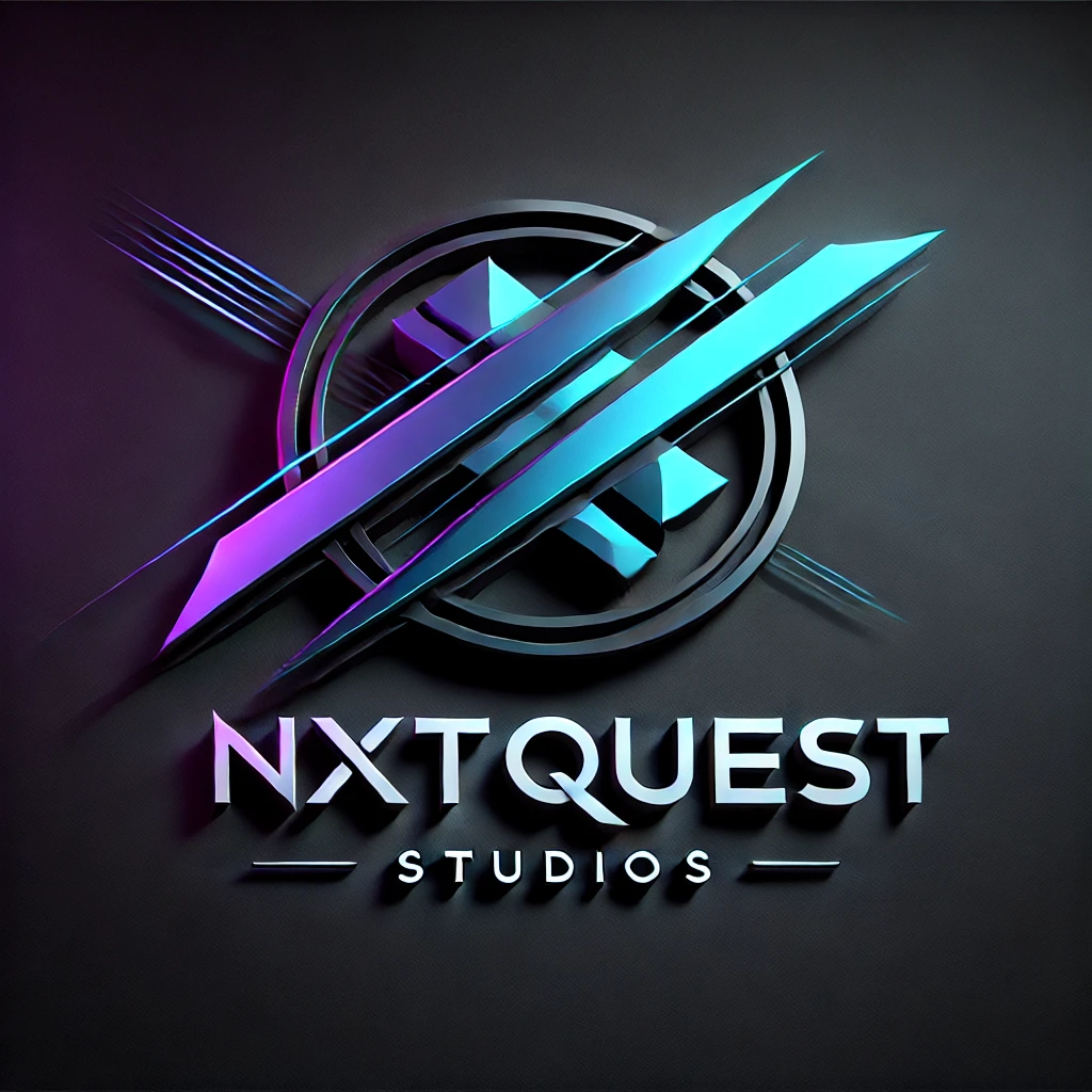 Official NxtQuest Studios logo in cyan and dark blue, clean vector style.